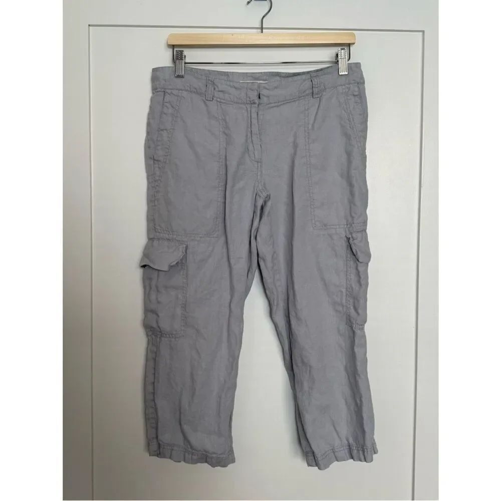 Eileen Fisher Cargo Cropped Pants Womens Sz 8 Gray Organic Linen Casual Beach